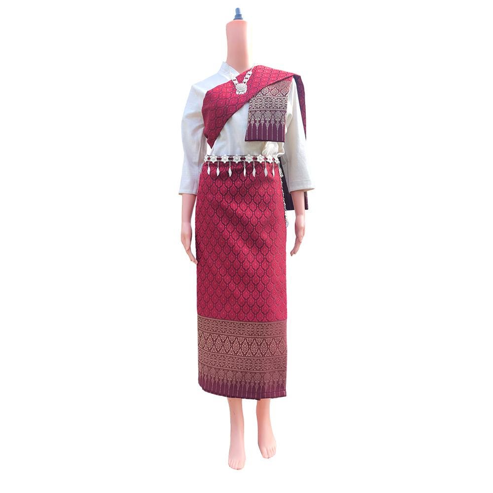 Set Thai Salong+Sabai with Fusible Interfacing - Silk Fabric - Free Size - Asian Salong - Lanna Style