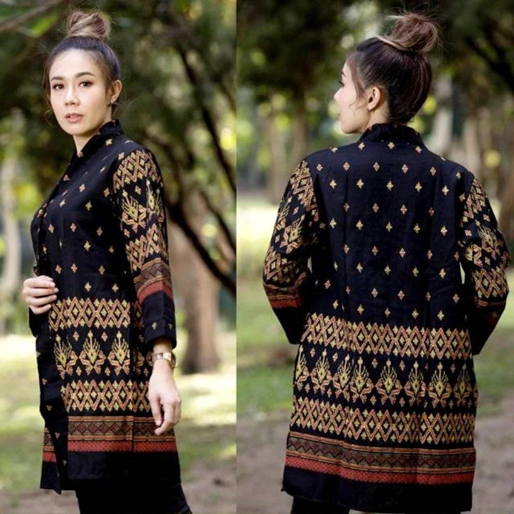 Thai Lanna Blouse - Thai Traditional Cotton Top - Long Jacket - Cotton Shirt - Chest 44"