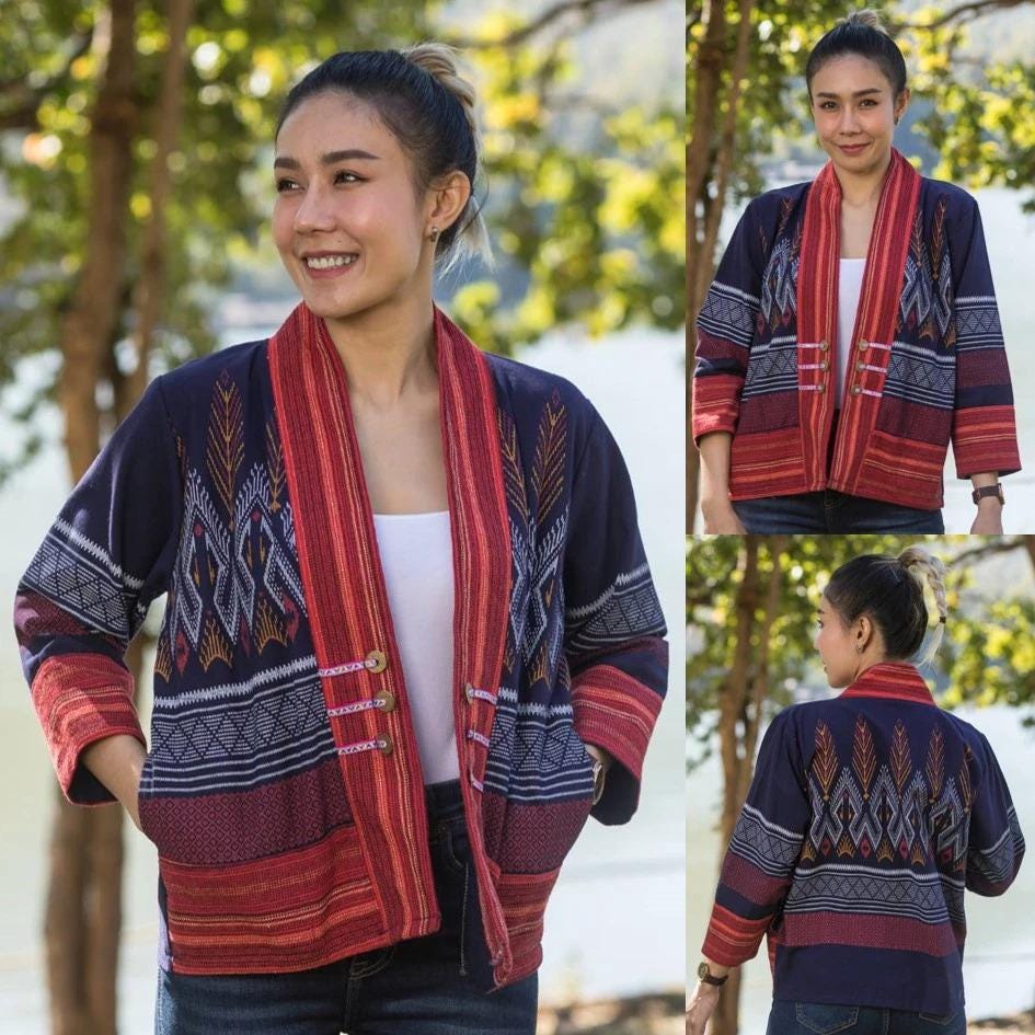 Thai Lanna Blouse - Thai Traditional Cotton Top - Crop Jacket - Cotton Shirt - Chest 44"