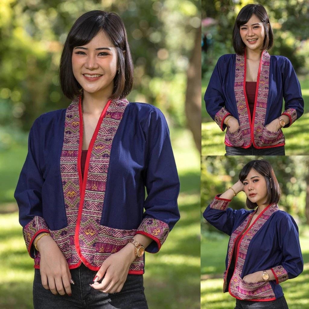 Chest 44" - Thai Lanna Cotton Jacket - Thai Traditional Cotton Top - Cotton Shirt