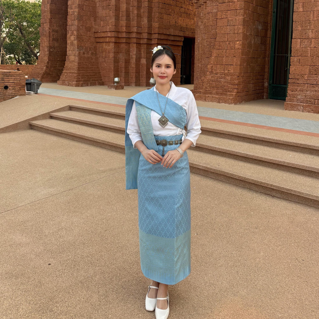 Set Thai Salong+Sabai with Fusible Interfacing - Silk Fabric - Free Size - Asian Salong - Lanna Style