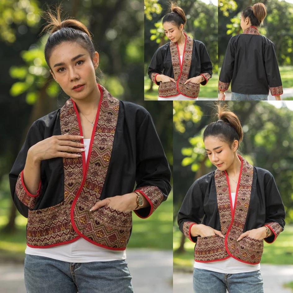 Chest 44" - Thai Lanna Cotton Jacket - Thai Traditional Cotton Top - Cotton Shirt