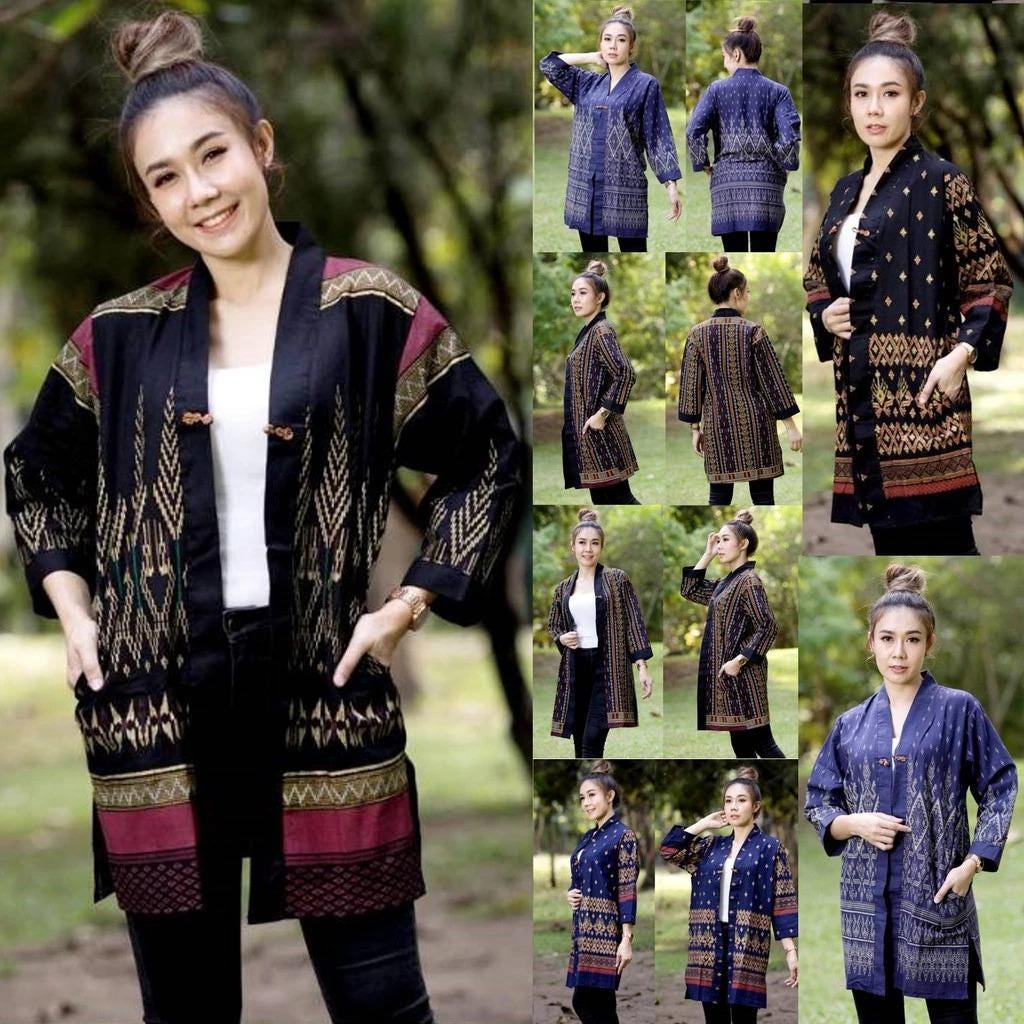 Thai Lanna Blouse - Thai Traditional Cotton Top - Long Jacket - Cotton Shirt - Chest 44"