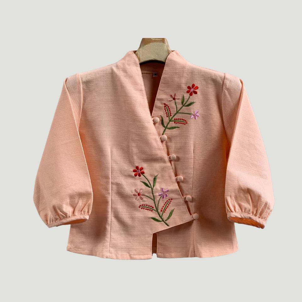 Bust 36"-44" - Embroidered Floral Cotton V-Neck Blouse | Soft Natural Fabric | 9 Colors