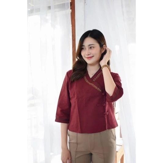 Thai Lanna Blouse - Thai Traditional Cotton Top - Thai Shirt - Cotton Shirt -Chest 36-42"”