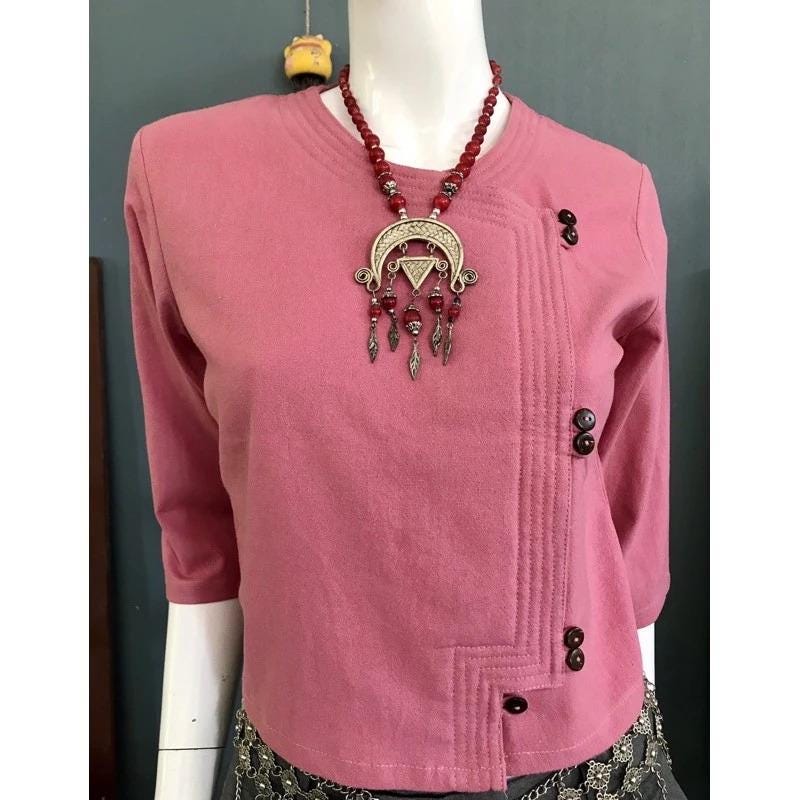 Thai Lanna Blouse - Thai Traditional Cotton Top - Available Size 36"-46"
