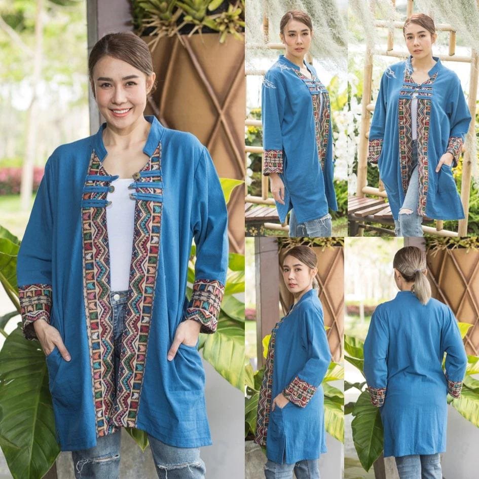 Thai Lanna Blouse - Thai Traditional Cotton Top - Long Jacket - Cotton Shirt - Chest 46"