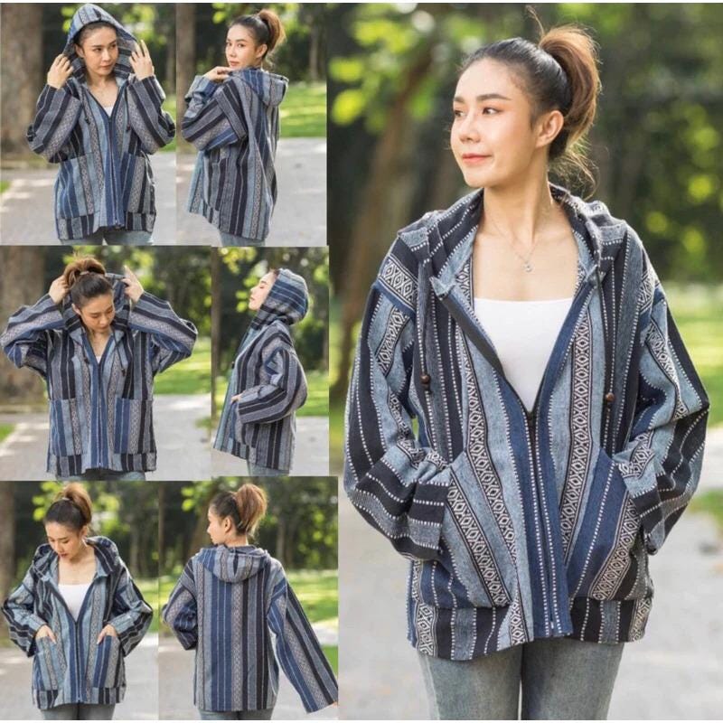 Chest 48" - Handwoven Naka Hooded Jacket – Warm Ethnic Cotton Coat | Free Size Boho Winter Hoodie with Front Zip & Pockets