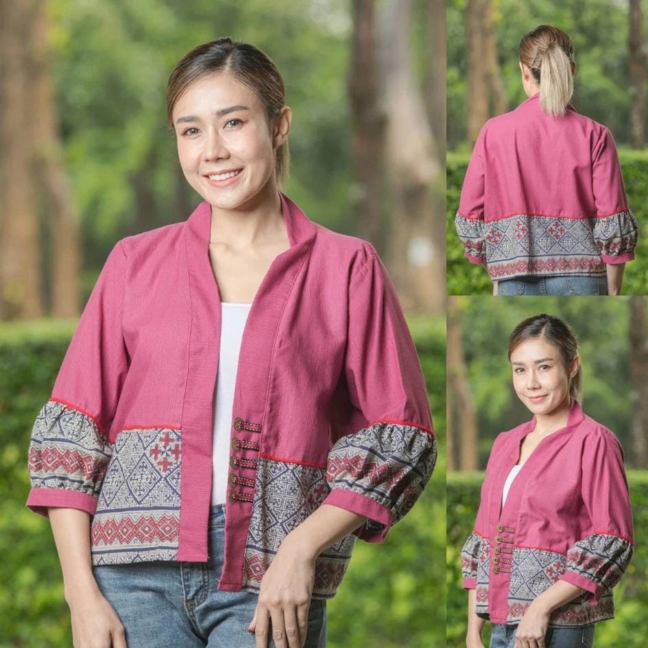 Thai Cotton Kimono Jacket – Traditional Print, Lightweight & Comfortable, Affordable, Boho Outerwear, One Size 44" Bust