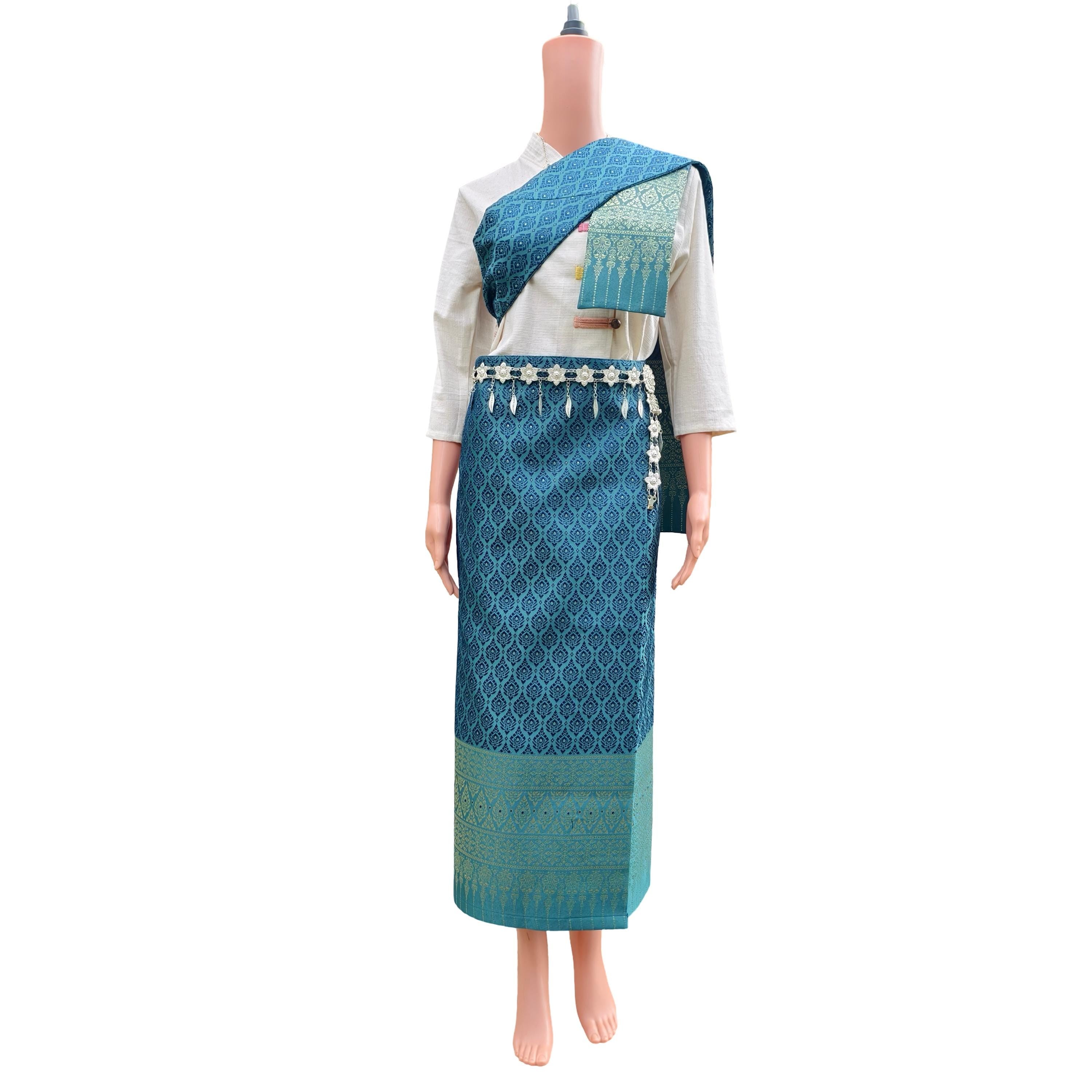 Set Thai Salong+Sabai with Fusible Interfacing - Silk Fabric - Free Size - Asian Salong - Lanna Style