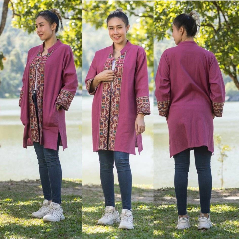 Thai Lanna Blouse - Thai Traditional Cotton Top - Long Jacket - Cotton Shirt - Chest 46"