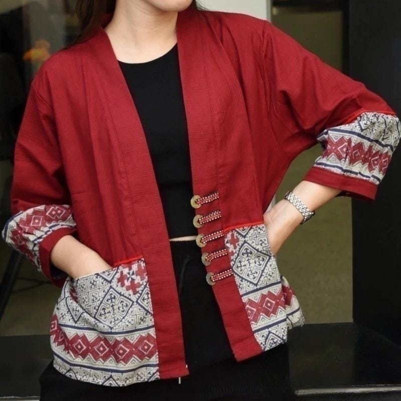 Thai Lanna Blouse - Thai Traditional Cotton Top - Crop Jacket - Cotton Shirt - Chest 42"