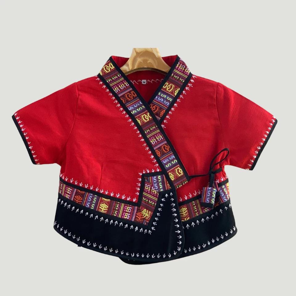 Thai Lue Traditional Jacket – Handwoven Lanna Textile Shirt, Embroidered Wrap Top, Short or Long Sleeve | Red, Navy, White | Chest 36–46 in