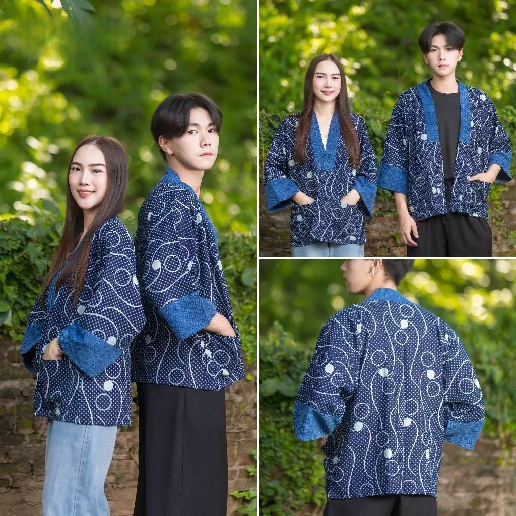 Chest 52" - Indigo Cotton Kimono Jacket | Unisex Yukata Cardigan | Handmade Batik Robe | Japanese Style Haori