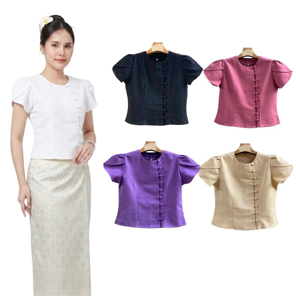 Thai Lanna Blouse - Thai Traditional Cotton Top - Thai Shirt - Cotton Shirt -Chest 34"-46" - Available Nine Colors