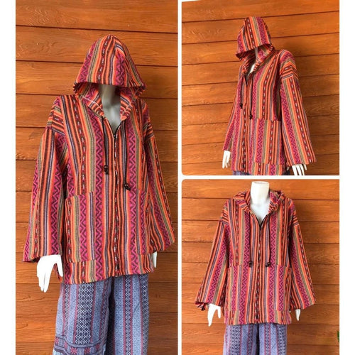 Chest 48" - Handwoven Naka Hooded Jacket – Warm Ethnic Cotton Coat | Free Size Boho Winter Hoodie with Front Zip & Pockets