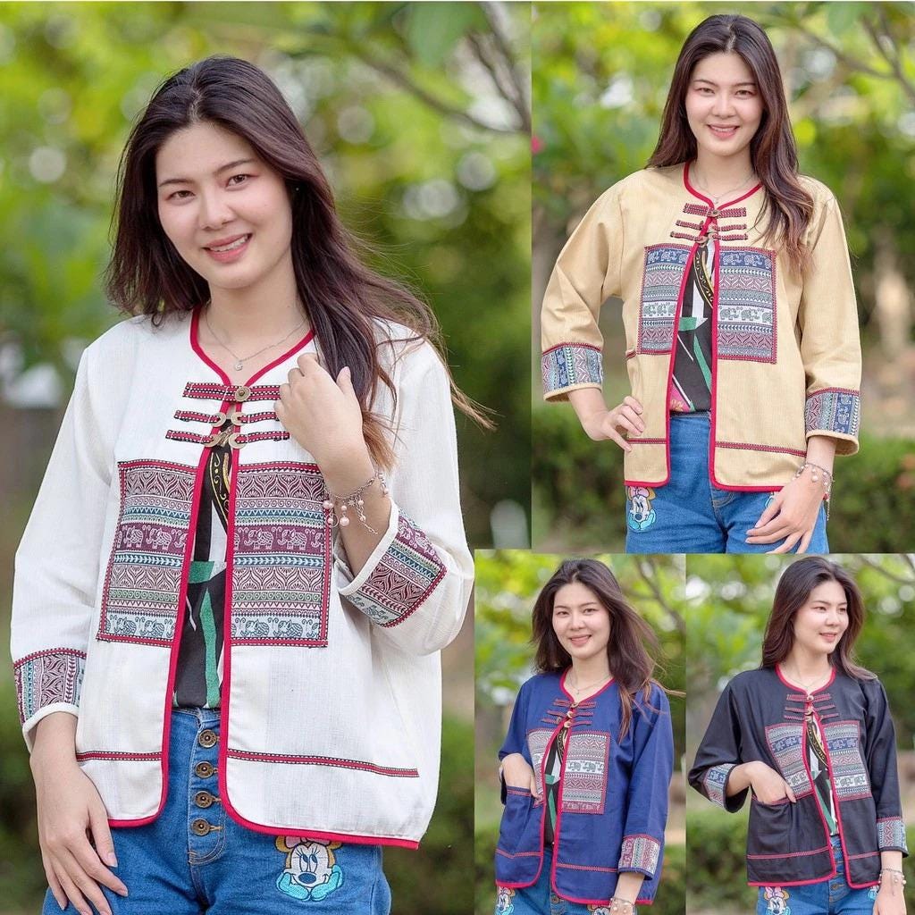 Thai Lanna Blouse - Thai Traditional Cotton Top - Cotton Jacket - Cotton Shirt - Chest 44"