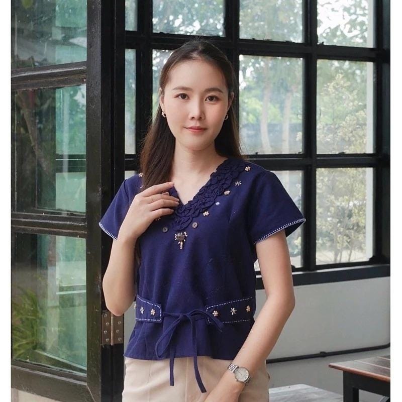 Thai Lanna Blouse - Thai Traditional Cotton Top - Thai Shirt - Cotton Shirt -Chest 34-40"