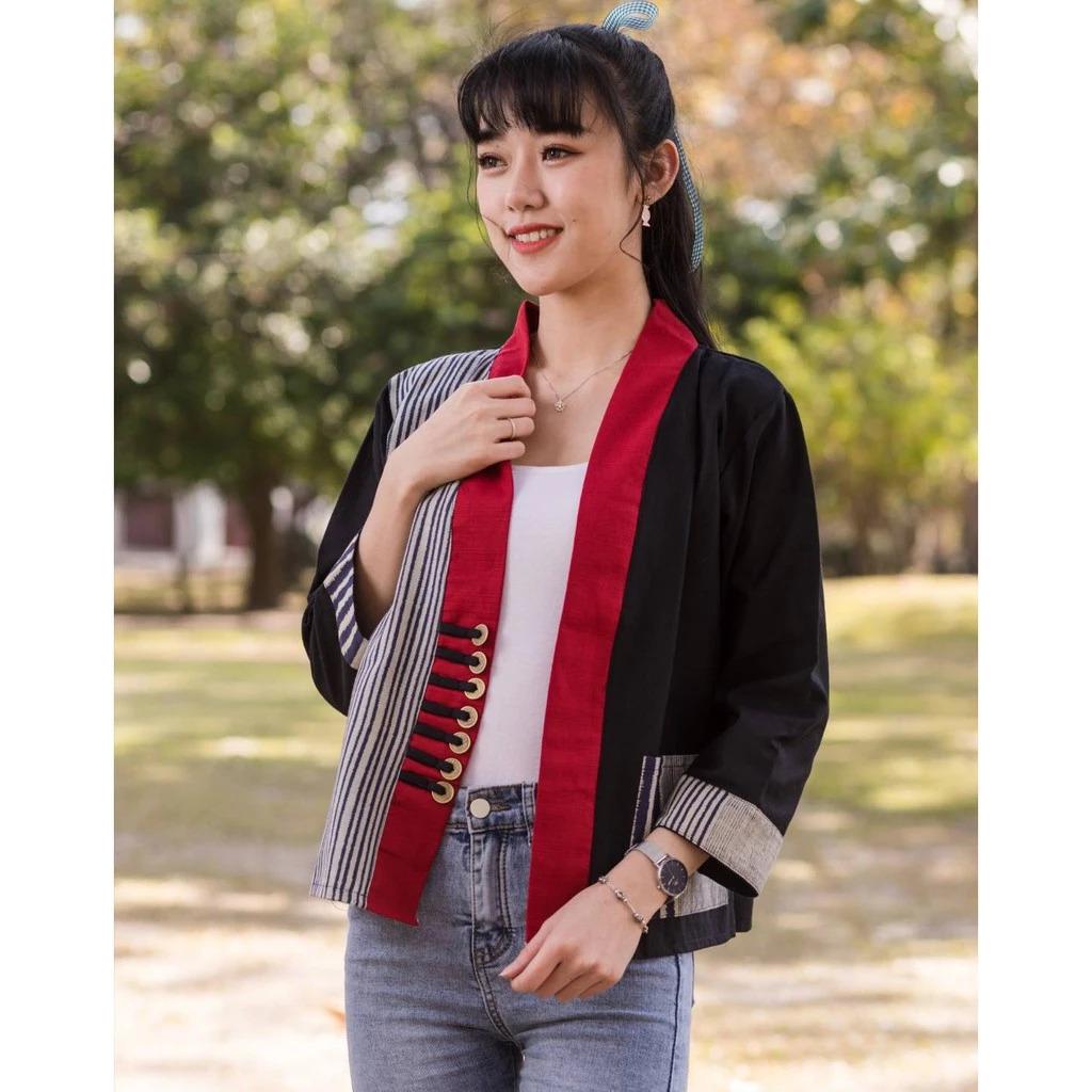 Thai Lanna Cotton Indigo Yukata Kimono Jacket – Soft & Breathable | Unisex Haori with Pockets | Handmade Thai Fabric - Chest 44"