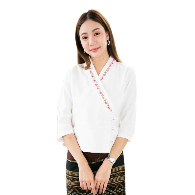Thai Lanna Blouse - Thai Traditional Cotton Top - Thai Shirt - Cotton Shirt -Chest 34-42"