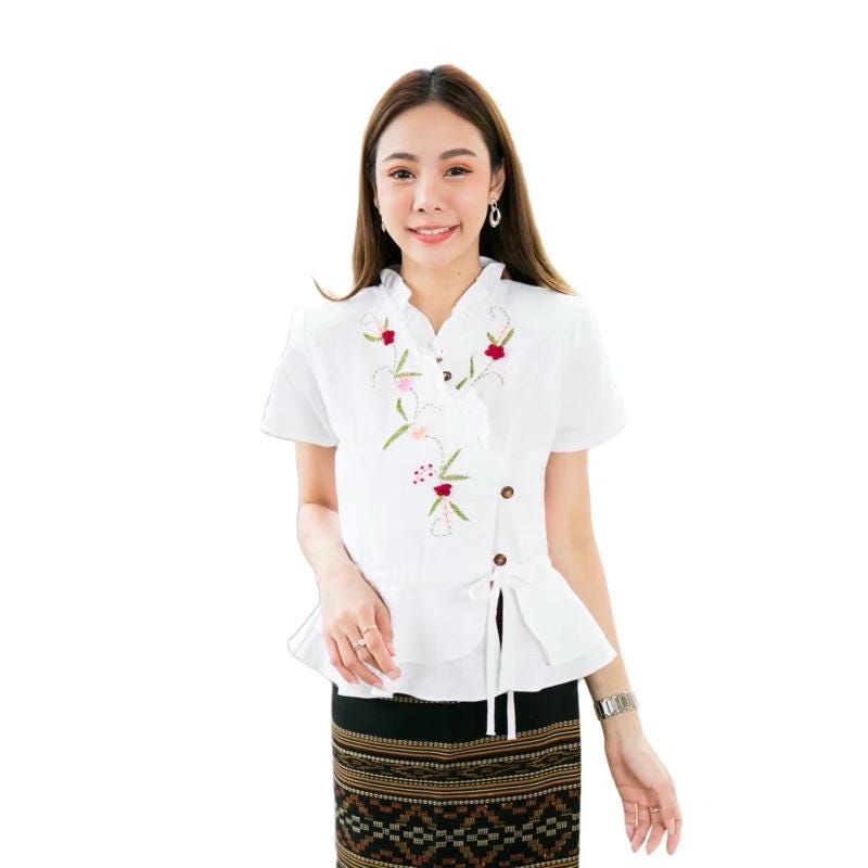 Thai Lanna Blouse - Thai Traditional Cotton Top - Thai Shirt - Cotton Shirt -Chest 34-42"