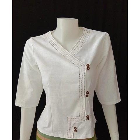 Thai Lanna Blouse - Thai Traditional Cotton Top - Thai Shirt - Cotton Shirt -Chest 36"-44"